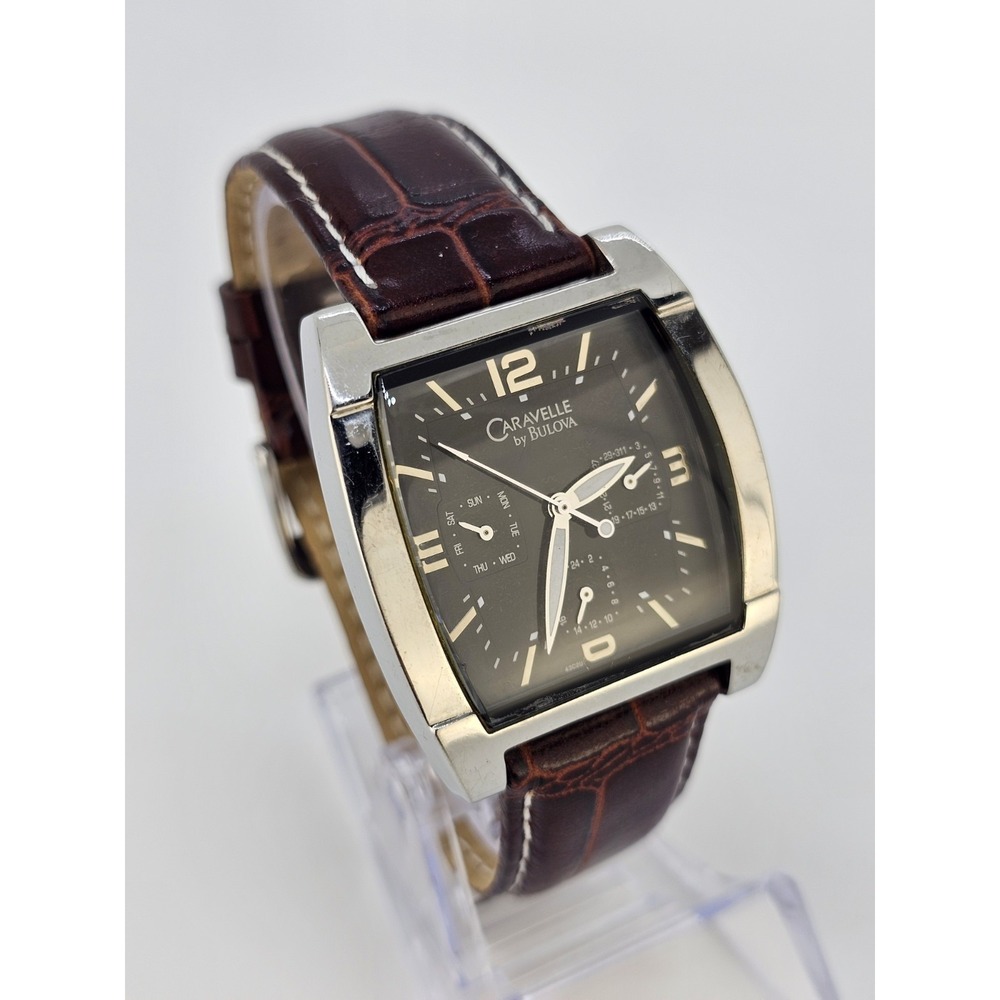 Caravelle Bulova Men's Watch 38MM Black Dial Brown Leather Bands New Battery
